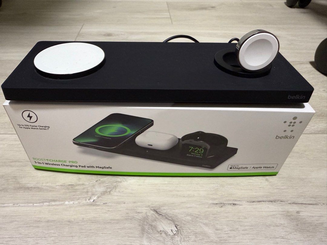 Belkin BOOST↑CHARGE PRO 3-in-1 Wireless Charging Pad (Category: Chargers & Cables) located in Singapore. Submitted by -originalvin- (Listing ID 1379098517, Image 1). Description: This Belkin BOOST↑CHARGE PRO 3-in-1 Wireless Charging Pad with MagSafe is designed for iPhone, AirPods, and Apple Watch. It offers fast wireless charging for your devices. The pad is in excellent condition and comes with its original packaging..