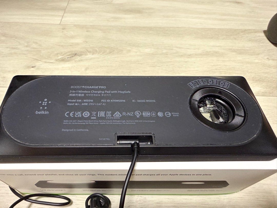 Belkin BOOST↑CHARGE PRO 3-in-1 Wireless Charging Pad (Category: Chargers & Cables) located in Singapore. Submitted by -originalvin- (Listing ID 1379098517, Image 2). Description: This Belkin BOOST↑CHARGE PRO 3-in-1 Wireless Charging Pad with MagSafe is designed for iPhone, AirPods, and Apple Watch. It offers fast wireless charging for your devices. The pad is in excellent condition and comes with its original packaging..