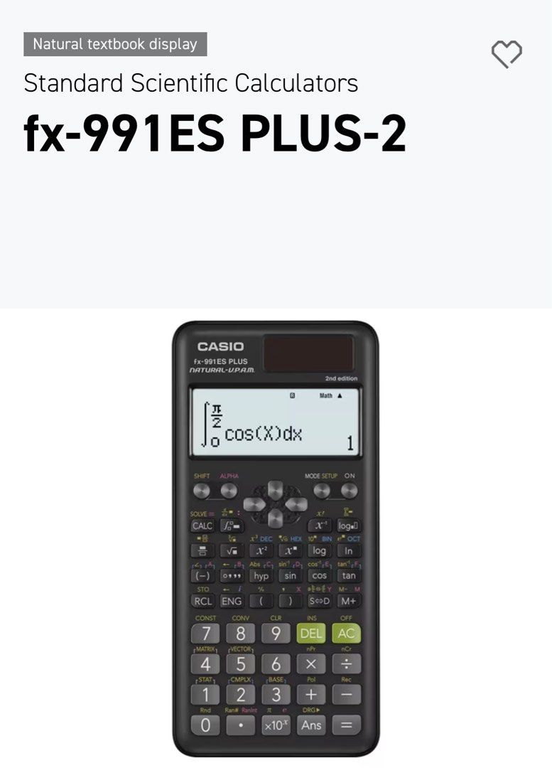 Casio Calculator fx-991ES PLUS (2nd Edition) (Category: Other Gadgets) located in Singapore. Submitted by want2clearspace (Listing ID 1379106633, Image 1). Description: Bought & brought to school as spare but theres some scratches on the cover https://www.casio.com/sg/scientific-calculators/product.FX-991ESPLUS-2/.