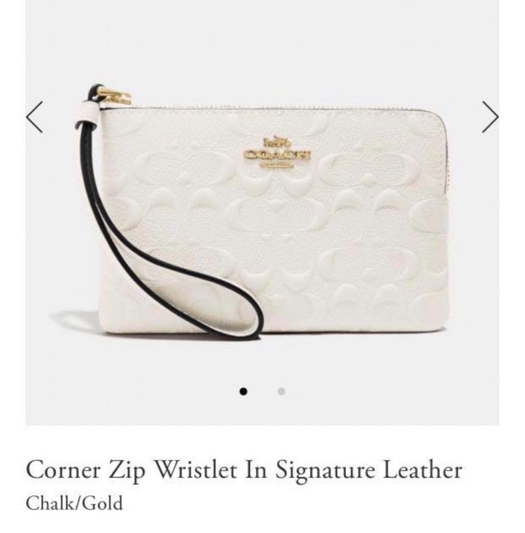 Coach Corner Zip Wristlet in Signature Leather (Category: Bags & Wallets) located in Singapore. Submitted by jaschui295 (Listing ID 1379102907, Image 2). Description: Authentic Coach Corner Zip Wristlet in Chalk/Gold. Features signature leather with a wrist strap. Interior has multiple card slots. Comes with care instructions and original tag. Perfect for everyday use Bought on 29th May 2025, no longer have original packaging or tags, only have d