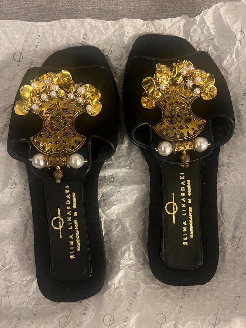 Elina Linardaki Embellished Black Sandals Size 37, Women's
