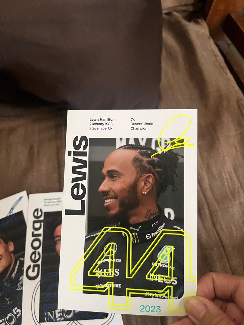 F1 Cards (Category: Raw Singles) located in San Pedro. Submitted by ashleycake (Listing ID 1379014263, Image 2). Description: WTS/FS George Russell Lewis Hamilton - Authentic & Official (Post Mail from Mercedes AMG Headquarters) 500 each take all for 900 (2 cards).
