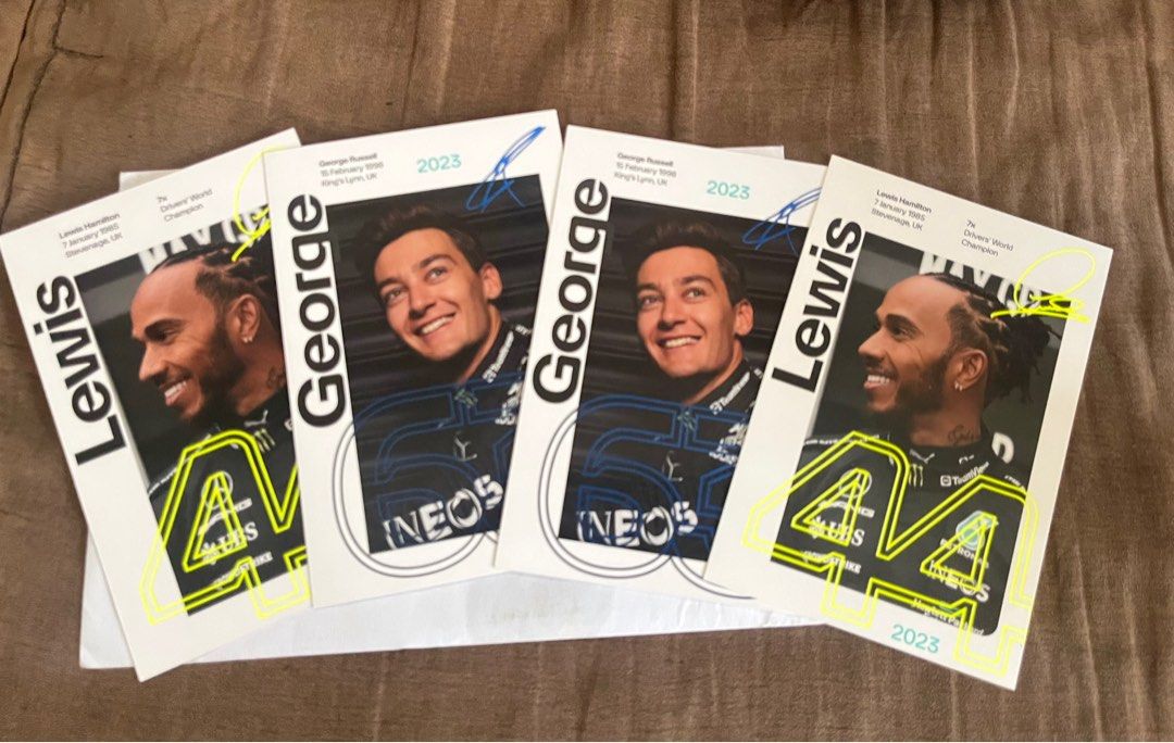 F1 Cards (Category: Raw Singles) located in San Pedro. Submitted by ashleycake (Listing ID 1379014263, Image 1). Description: WTS/FS George Russell Lewis Hamilton - Authentic & Official (Post Mail from Mercedes AMG Headquarters) 500 each take all for 900 (2 cards).