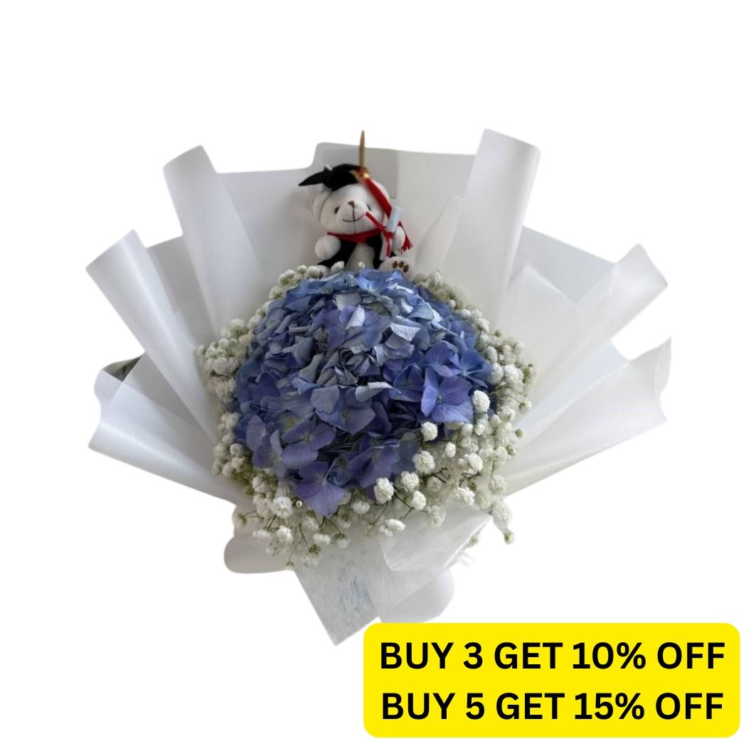 Graduation Bear with Blue Hydrangeas & Baby's Breath Bouquet | Graduation Flowers, Graduation Bouquet, Fresh Flowers, Fresh Flower Bouquet, Fresh Flower Bouquet, Flower Bouquet, Flower Delivery, Hydrangeas, Hydrangea Bouquet, Same Day Delivery (Category: Flowers & Bouquets) located in Singapore. Submitted by flowerfriendsg (Listing ID 1361681705, Image 1). Description: SPECIAL OFFER WHILE STOCKS LAST: BUY 3 GRAD BOUQUETS GET 10% OFF! CHEAPEST IN 