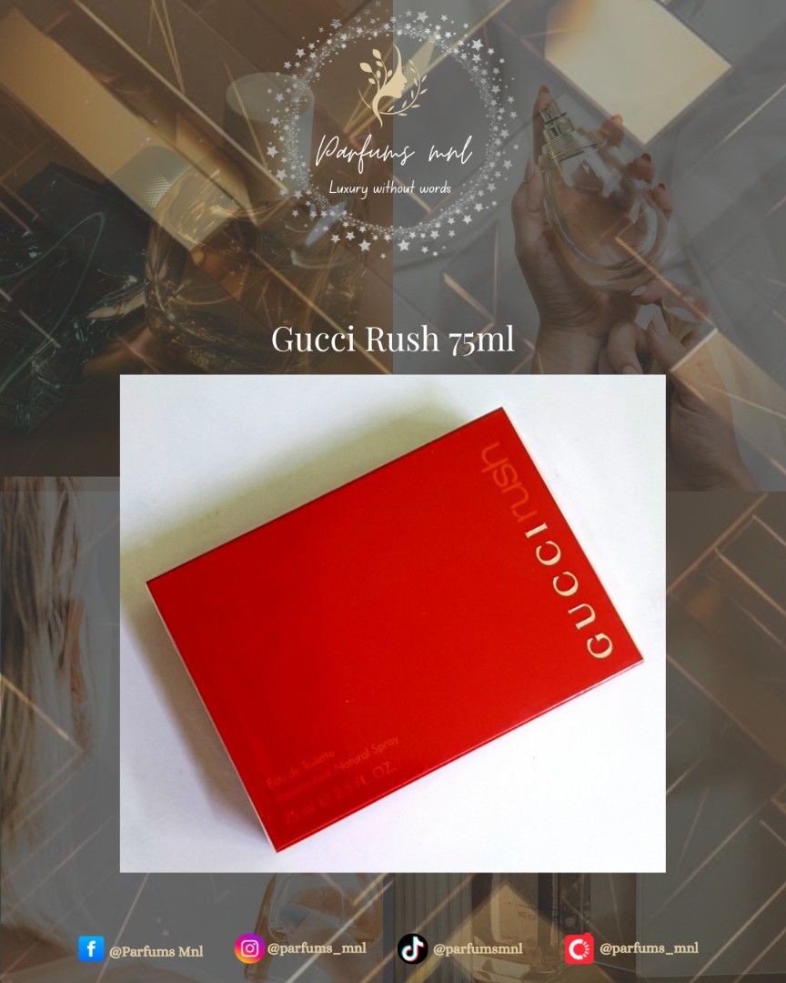 Gucci Rush 75ml (Category: Fragrance & Deodorants) located in Manila. Submitted by parfums_mnl (Listing ID 1379070890, Image 1). Description: Gucci Rush 75ml ❗PLS. READ❗ ⚠️Prices may change without prior notice❗ ✅All of our perfumes/products are 101% Guaranteed Original ✅Onhand Manila PH 🇵🇭 ✅All are Brand New In Box (BNIB) /Sealed ✅ALL PICTURES ARE ACTUAL. What you see in the picture, is what you will get! ❌❌NO To FAKES❌❌ ❌❌NO To IMITATIONS ❌❌ 