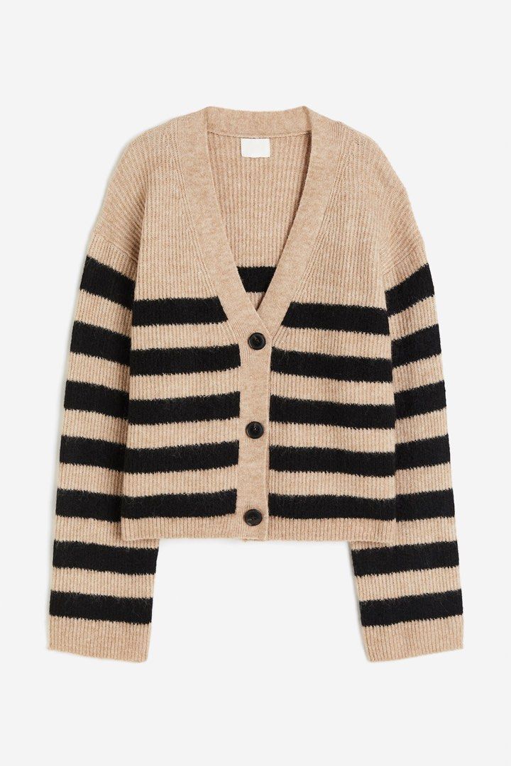H&M SOUFFLE YARN RIB KNIT CARDIGAN IN BEIGE/STRIPES SALUR OVERSIZED
