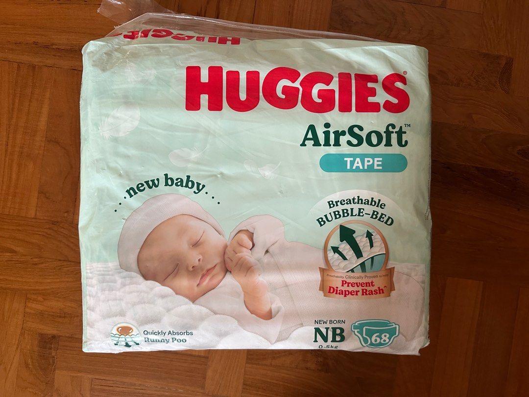 Huggies AirSoft Newborn Diapers - 68 Pieces (Category: Diapers & Baby Wipes) located in Singapore. Submitted by MandamandaH (Listing ID 1379030993, Image 1). Description: Newborn Huggies AirSoft diapers. Features breathable bubble-bed and tape closure. Designed to quickly absorb runny poo and clinically proven to prevent diaper rash. Opened and used less than 5 as baby outgrew them. .