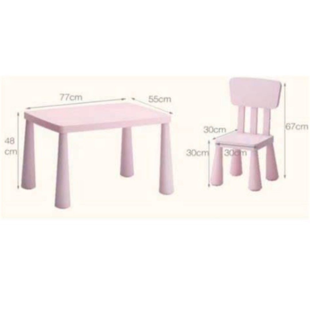 IKEA Mammut Pink Kids Table and Chair Set (Category: Tables & Sets) located in Singapore. Submitted by yippeeyippee (Listing ID 1379094208, Image 1). Description: IKEA pink table and chair set perfect for toddlers. Table dimensions: 77cm x 55cm x 48cm (H). Chair dimensions: 30cm x 30cm x 67cm (H). Great for playtime, drawing, and snacks. Sturdy and easy to clean..