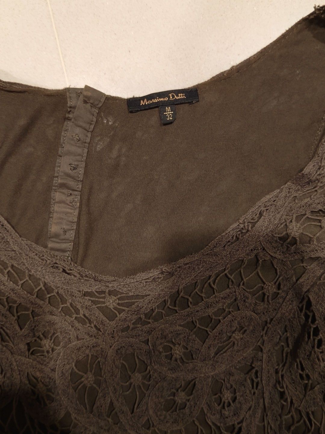 Massimo Dutti Lace Dress - Size M (Category: Dresses) located in Singapore. Submitted by ____294728 (Listing ID 1379110574, Image 2). Description: - Massimo Dutti brown lace dress - Intricate lace detailing - Flattering silhouette - Tagged size m / 32 - Some loose threads - $3 for tracked mail.
