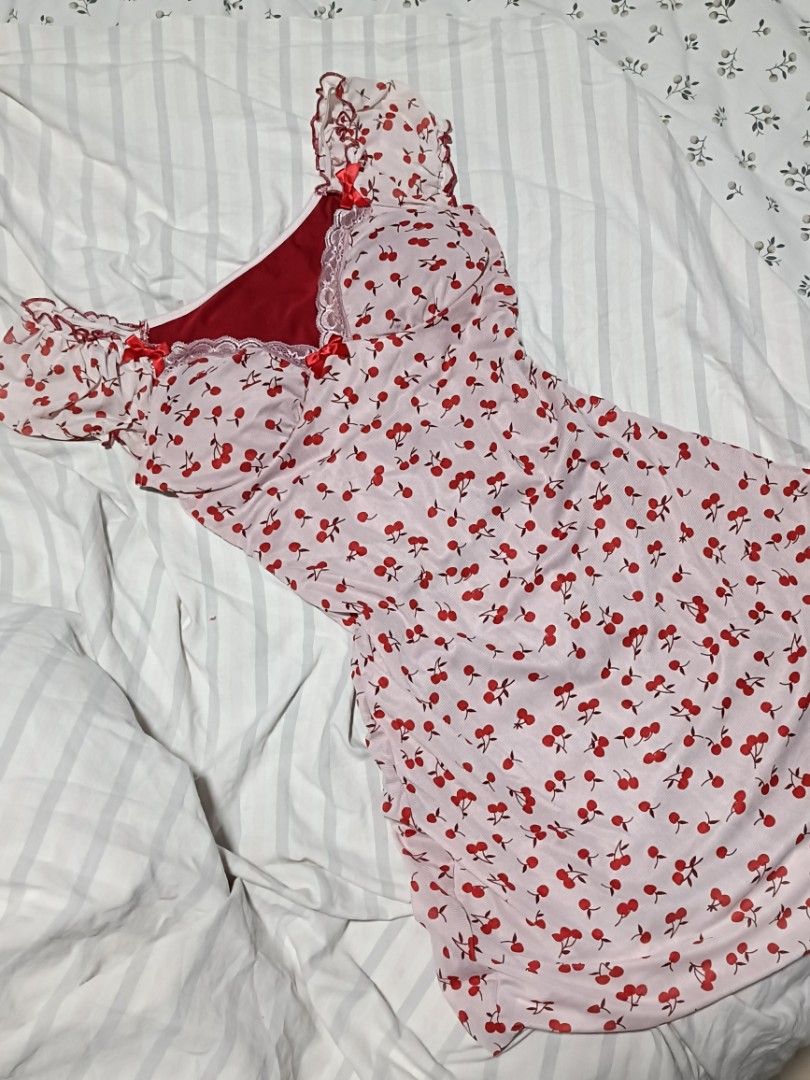 ROMWE Cherry Print Bow Lace Front dress (Category: Dresses) located in Singapore. Submitted by happyfinhours (Listing ID 1379106675, Image 1). Description: Cherry dress that no longer sells on shein worn only twice. No longer dress this way so I'm selling! I am 163cm and 53kg, last pic for reference! meet up point can be discussed!.