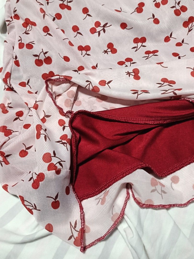 ROMWE Cherry Print Bow Lace Front dress (Category: Dresses) located in Singapore. Submitted by happyfinhours (Listing ID 1379106675, Image 3). Description: Cherry dress that no longer sells on shein worn only twice. No longer dress this way so I'm selling! I am 163cm and 53kg, last pic for reference! meet up point can be discussed!.