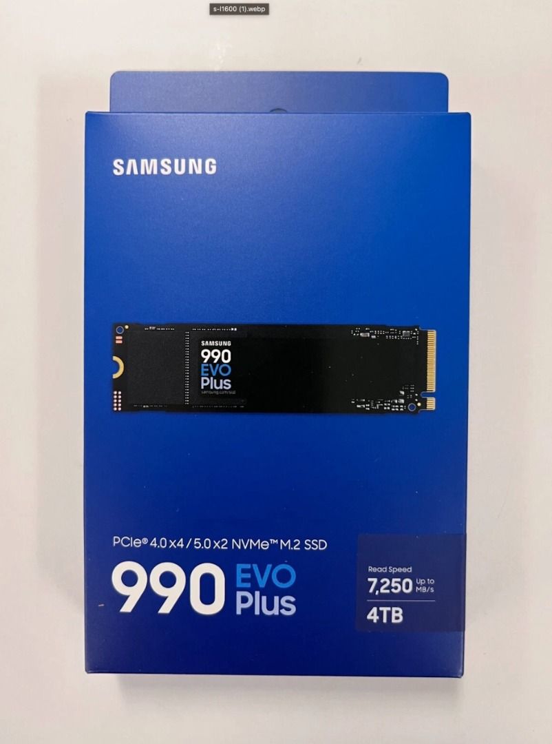 SAMSUNG 990 EVO Plus SSD 4TB, PCIe Gen 4x4 | Gen 5x2 M.2 2280, Speeds Up-to 7,250 MB/s (Category: Hard Disks & Thumbdrives) located in Singapore. Submitted by martin2dd (Listing ID 1378940266, Image 1). Description: Brand new and sealed | 5-year limited warranty | Provide the receipt - GROUNDBREAKING READ/WRITE SPEEDS: The 990 EVO Plus features the latest NAND memory, boosting sequential read/write speeds up to 7,250/6,300MB/s*. Ideal for huge fi