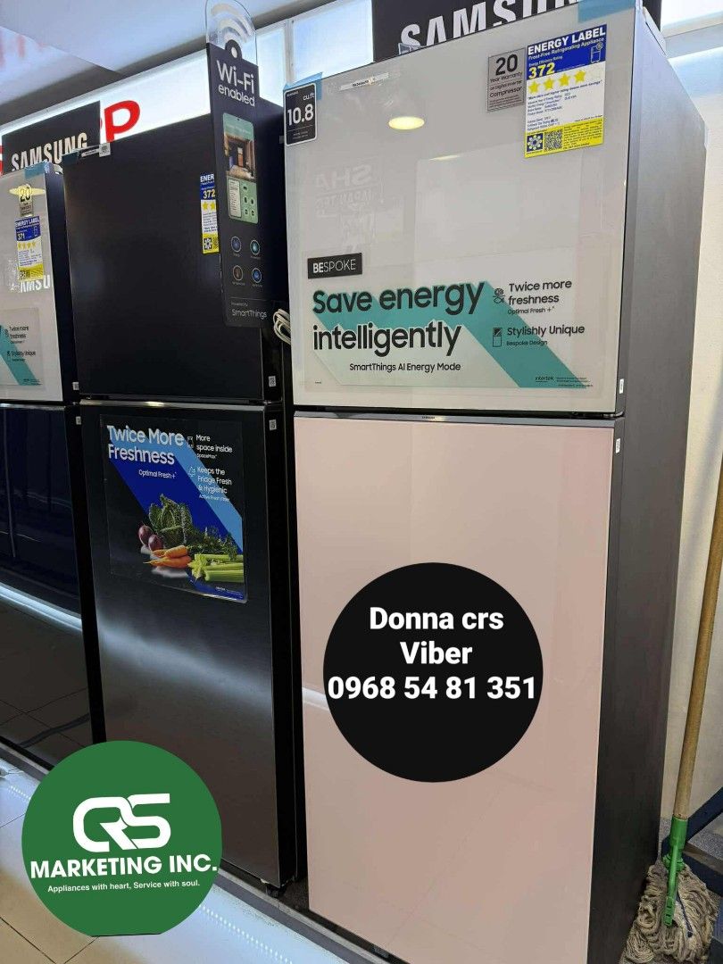 Samsung ref (Category: Refrigerators and Freezers) located in Manila. Submitted by donnasagao03665 (Listing ID 1378976976, Image 1). Description: 💚 SAMSUNG REFRIGERATOR TWO DOOR INVERTER NO FROST / SAMSUNG REF INVERTER 💚 RT20FARVDSA 7.4- 17,800 RT22M4033UT 8.4 - 20,300 RT25FARBDUT 9.1 - 22,600 RT31CG5424S9 10.8 - 22,700 INOX RT31CB564422 10.8 - 29,800 Bespoke Smarthing Clean Black RT31CB56448C 10.8 - 27,200 Bespoke White Pink RT35CG5444S9 12.3 