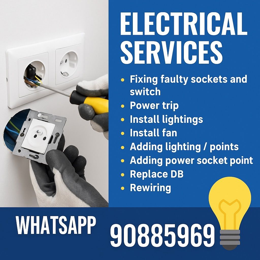 SG Experienced Electrician Electrical Services Work | Power Trip Faulty Socket Switch | Fan Aircon Lighting Installation | DB Replacement Socket Rewiring | Install Ceiling Lights Wall Fan | Full Partial Home Rewiring | Power Socket Point | Electric Work (Category: Electrician Services) located in Singapore. Submitted by yourfavgiftshop (Listing ID 1379107613, Image 1). Description: ⚡ Professional Electrical Services – Reliable, Fast & Affordable 