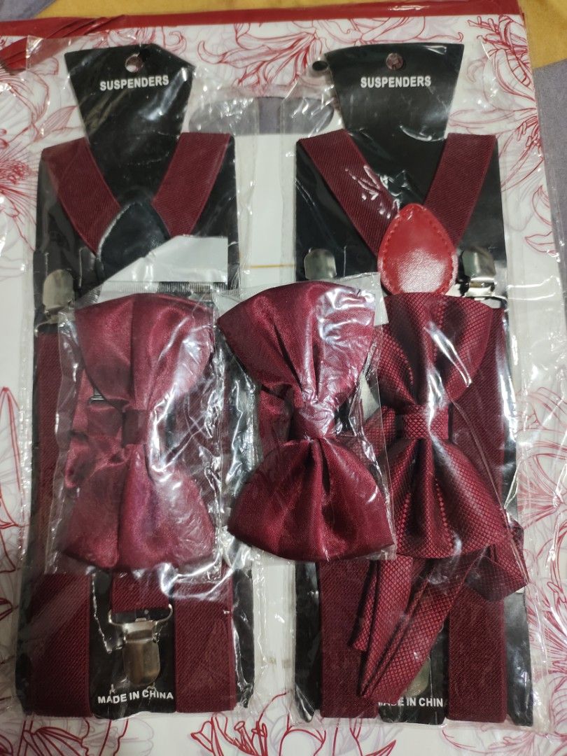Suspender & bowtie (Category: Sets & Coordinates) located in Manila. Submitted by layagmaryr37323 (Listing ID 1379028271, Image 2). Description: onhand thru lalamove pickup maroon w/bowtie 2sets silver w/bowtie 4sets darkbrown w/bowtie 1set biege w/bowtie 1set suspender only armygreen 8pcs yellow 1pc red 1pc darkgrey 1pc rustbrown 1pc green 1pc royalblue 1pc neongreen 1pc.