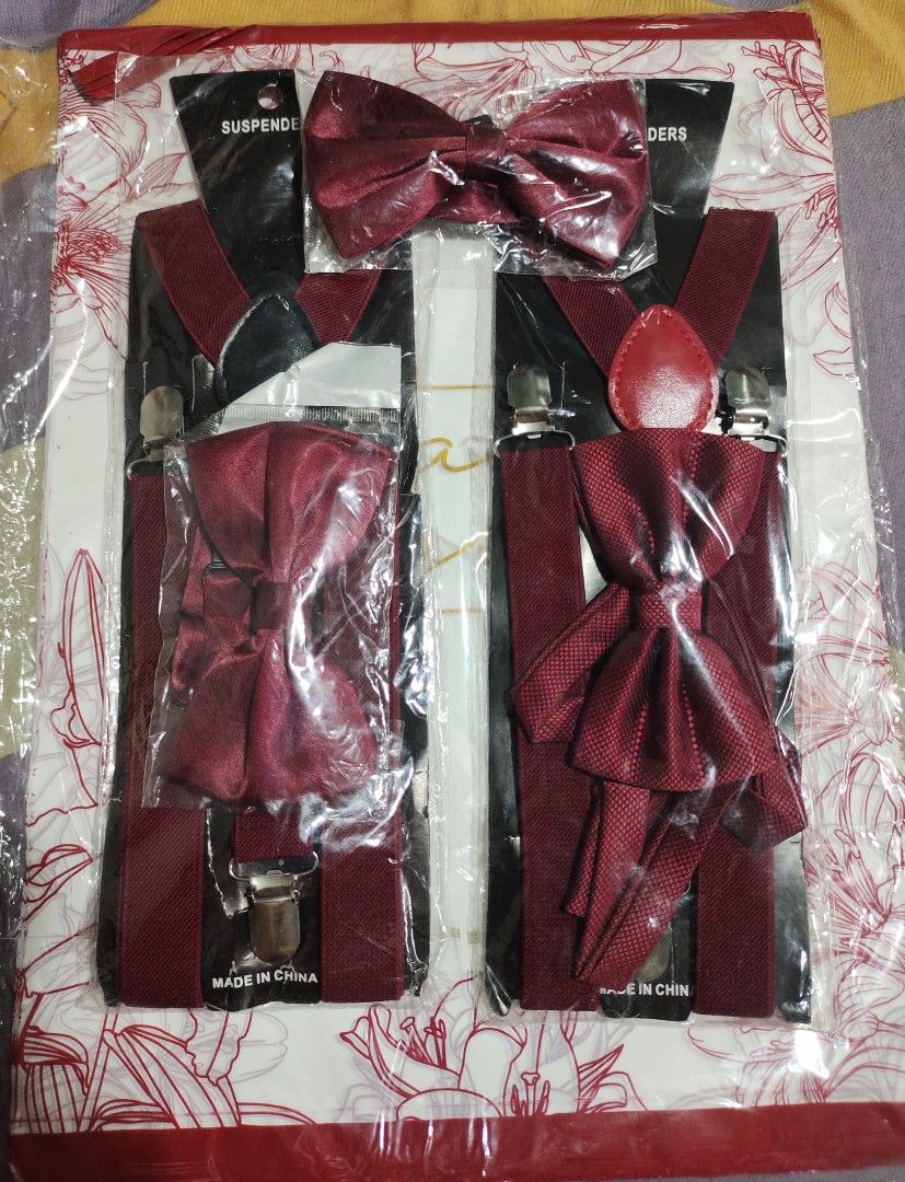 Suspender & bowtie (Category: Sets & Coordinates) located in Manila. Submitted by layagmaryr37323 (Listing ID 1379028271, Image 1). Description: onhand thru lalamove pickup maroon w/bowtie 2sets silver w/bowtie 4sets darkbrown w/bowtie 1set biege w/bowtie 1set suspender only armygreen 8pcs yellow 1pc red 1pc darkgrey 1pc rustbrown 1pc green 1pc royalblue 1pc neongreen 1pc.