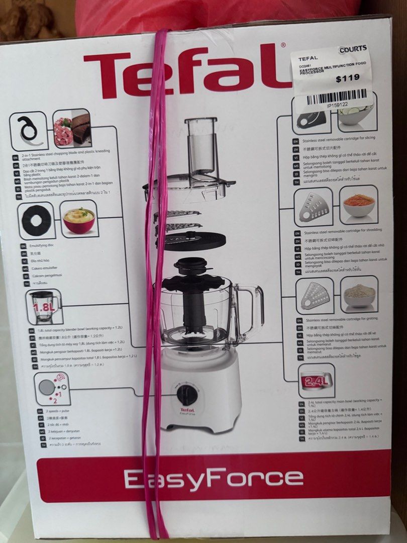 Tefal Easyforce Multi-Function Food Processor (Category: Juicers, Blenders & Grinders) located in Singapore. Submitted by fairieland (Listing ID 1378983908, Image 2). Description: Brand new Tefal Easyforce food processor. Comes with multiple accessories and over 25 functions. Includes a large capacity bowl. Original price was $119. Perfect for various food preparation tasks..