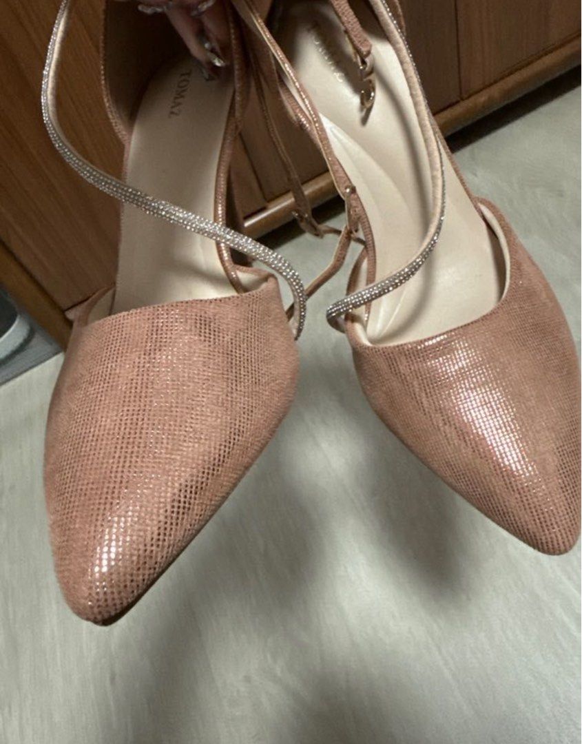 TOMAZ Rose Gold Heels with Rhinestone Straps, Women's Fashion