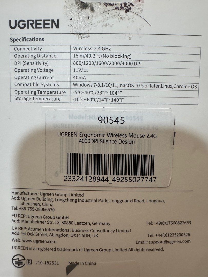 UGREEN Ergonomic Wireless Mouse 2.4G 4000DPI63205302012419111