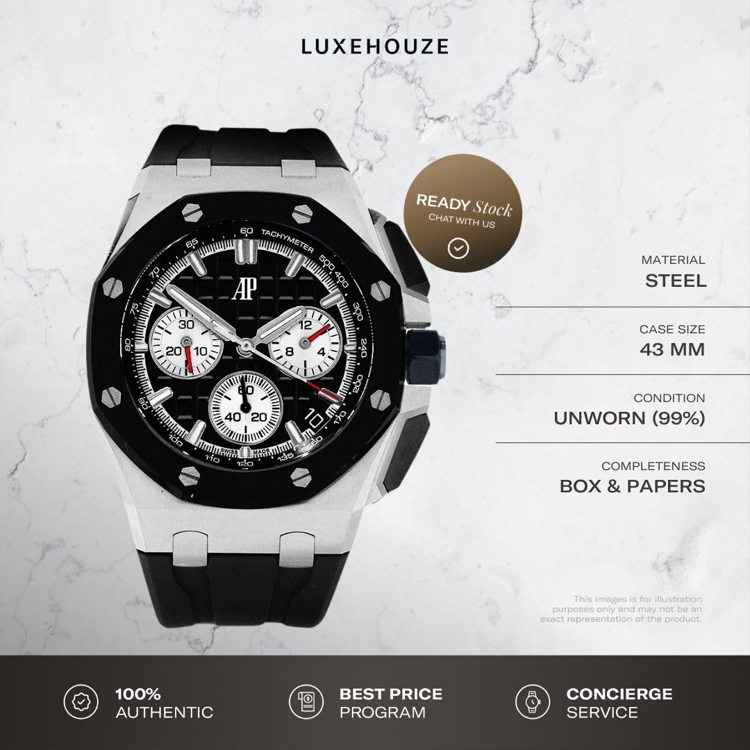 Unworn 2022 Audemars Piguet Royal Oak Offshore 43 26420SO.OO.A002CA.01 26420SO Black (Category: Watches) located in Singapore. Submitted by luxehouze (Listing ID 1377828991, Image 1). Description: Join our Community for special deals and latest arrivals! //bit.ly/LHWatchesSG Watch Details: SKU: 0014876 Condition: Unworn (99%) Dial: Black Year: 2022 Completeness: Box & Papers This item is available at Luxehouze Boutique Singapore. Please contact u