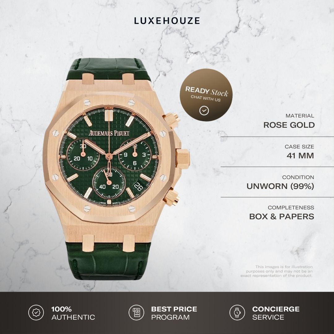 Unworn 2024 Audemars Piguet Royal Oak 41 26240OR.OO.D404CR.02 26240OR Green (Category: Watches) located in Singapore. Submitted by luxehouze (Listing ID 1378020272, Image 1). Description: Join our Community for special deals and latest arrivals! //bit.ly/LHWatchesSG Watch Details: SKU: 0014875 Condition: Unworn (99%) Dial: Green Year: 2024 Completeness: Box & Papers This item is available at Luxehouze Boutique Singapore. Please contact us to sche
