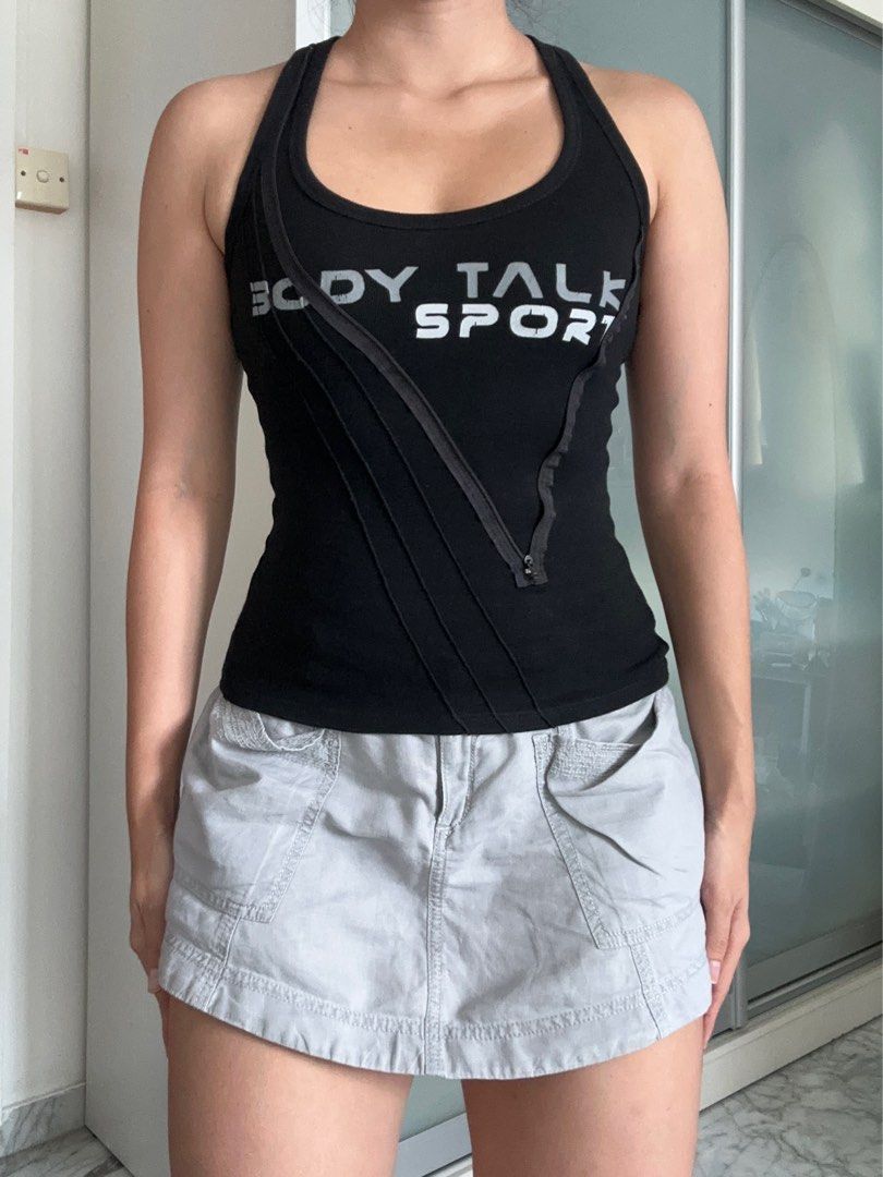 Vintage Body Talk Sport Y2K Racer Tank Top (Category: Sleeveless) located in Singapore. Submitted by 2latenow (Listing ID 1378941902, Image 2). Description: size: - (fits up to M comfortably) measurements: 32cm ptp unstretched, 55cm length down.