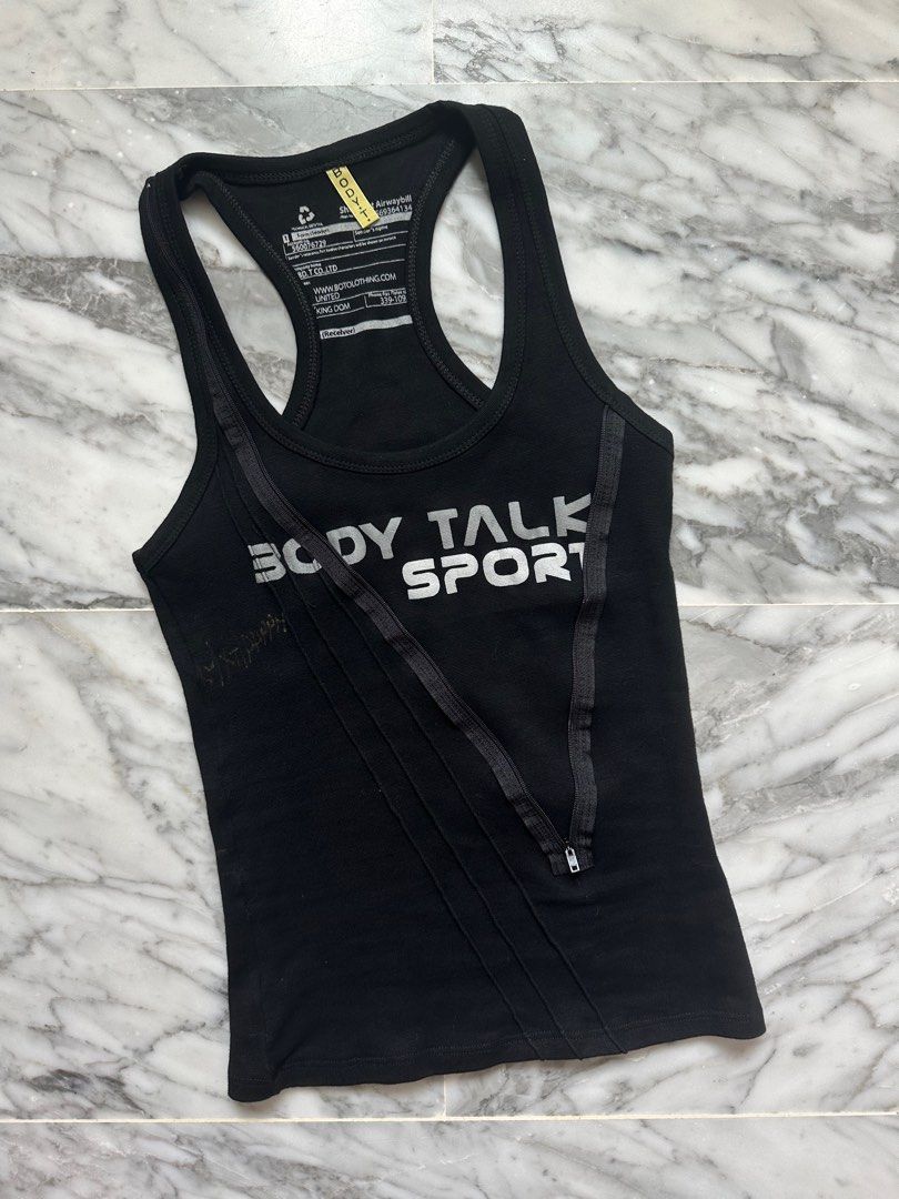Vintage Body Talk Sport Y2K Racer Tank Top (Category: Sleeveless) located in Singapore. Submitted by 2latenow (Listing ID 1378941902, Image 1). Description: size: - (fits up to M comfortably) measurements: 32cm ptp unstretched, 55cm length down.