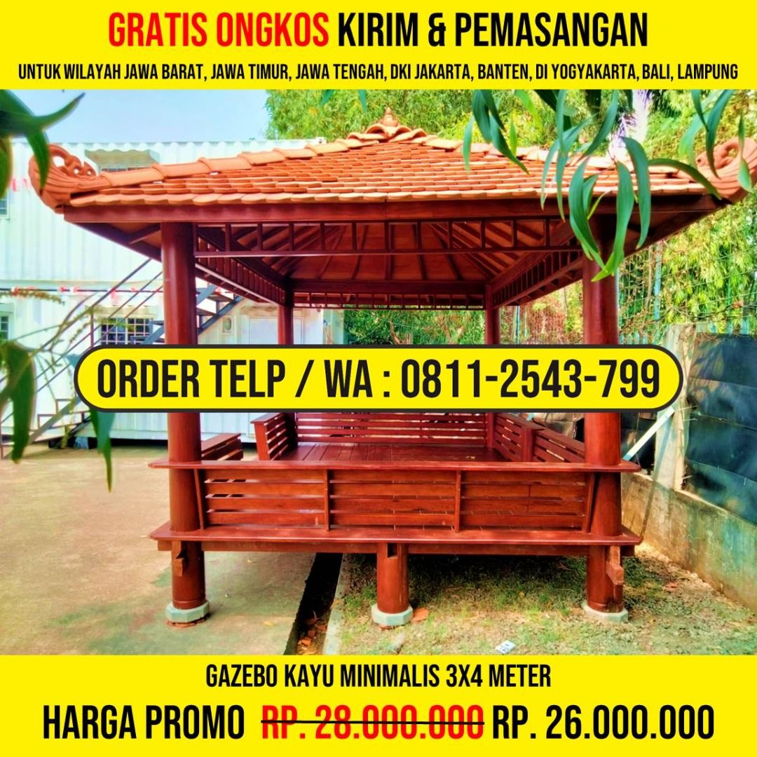 WA : 0811-2543-799, Gazebo Minimalis Taman Modern 3x4 Atap Genteng Sirap, Pacitan (Kategori: Furnitur Antik) berada di Jakarta Barat. Dikirim oleh mitafinafr81494 (ID iklan 1378944823, Gambar 2). Deskripsi: HP/WA: 0811-2543-799, Kami Adalah Produsen Gazebo Kayu, Rumah Kayu, Gazebo Minimalis, Rumah Kayu Minimalis, Gazebo Murah, Rumah Kayu Modern, Gazebo Taman, Gazebo Jepara, Gazebo Gardens, Rumah Kayu Knockdown. Detail Produk : * Bahan Kayu Berkua
