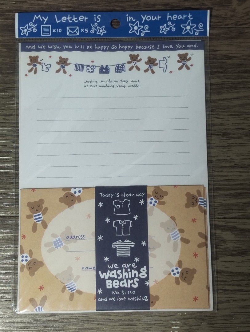 WASHING BEARS LETTER SET (Category: Craft Supplies & Tools) located in Batangas. Submitted by amerie_store (Listing ID 1378956848, Image 1). Description: -WYSIWYG -complete; 8pcs. sheet/ 4pcs. envelope 🔊Kindly visit & follow my FB page for more updated Toys,Aniks,etc...🤩 🌈👉AMERIE STORE👈🌈 📌Mine Now,Pay after invoice 📌No refund MOP: Gcash 🚛 Flash Express.