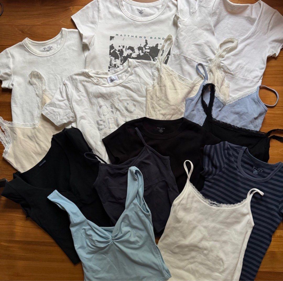 Y2K tank top baby tee lace vintage top brandy melville white fox clothes bundle wholesale (Category: Shirts) located in Singapore. Submitted by meowsicle (Listing ID 1378979692, Image 1). Description: Y2K tank top baby tee lace vintage top brandy melville white fox clothes bundle ALL 14 tops FOR $126!! !! Fast deals all 14 for $110 (deal in a day) No exchange/ refunds No extra pictures or measurements will be given. Some are insp of the brand (i 