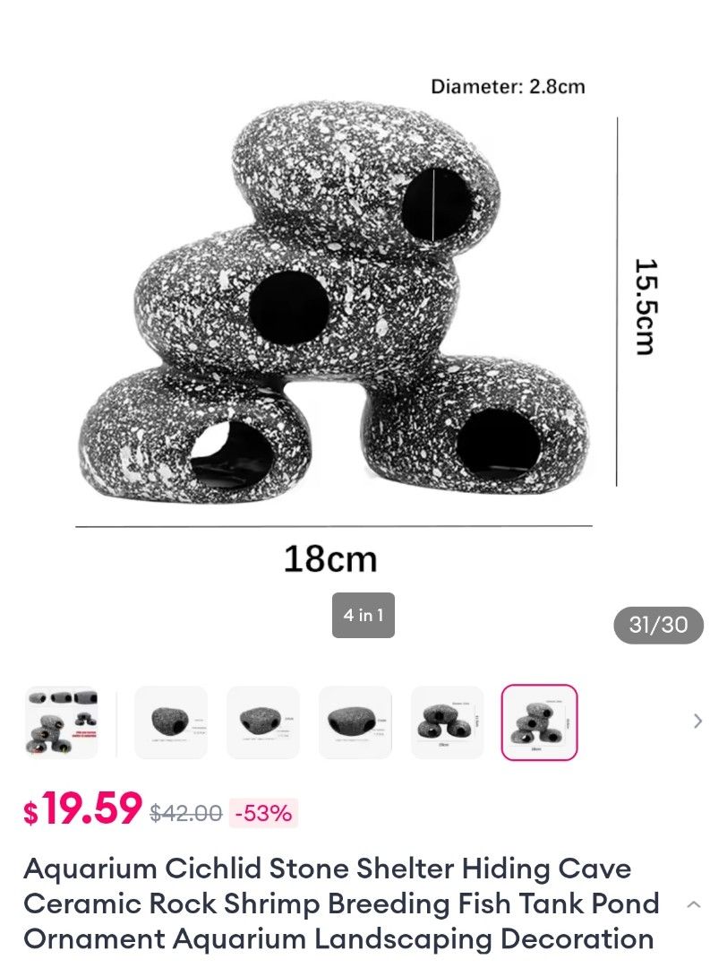 Aquarium Cichlid Stone Shelter Hiding Cave Ceramic Rock Shrimp Breeding Fish Tank Pond Ornament Aquarium Landscaping Decoration (Category: Homes & Other Pet Accessories) located in Singapore. Submitted by ronaldchiaph (Listing ID 1379266292, Image 2). Description: Aquarium Cichlid Stone Shelter Hiding Cave Ceramic Rock Shrimp Breeding Fish Tank Pond Ornament Aquarium Landscaping Decoration 1pc only Collection around Beauty World MRT. Thanks..