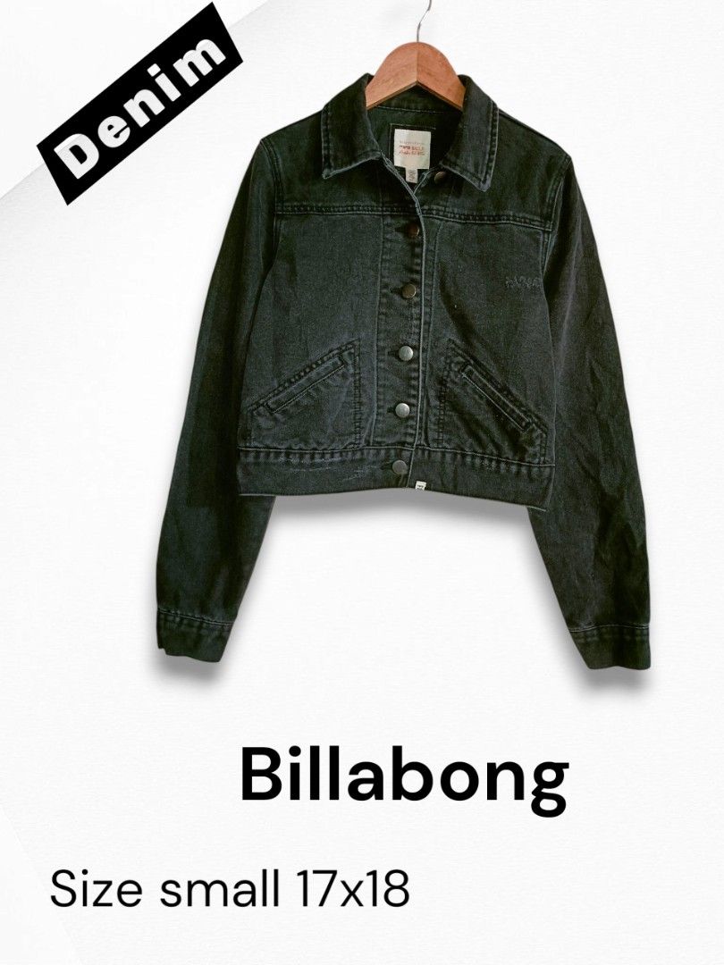Billabong denim jacket (Category: Coats, Jackets and Outerwear) located in Quezon City. Submitted by selectorsthrift (Listing ID 1379282290, Image 1). Description: used liked new denim jacket for women. croptop cut. with distresed design. dimes 17x18.
