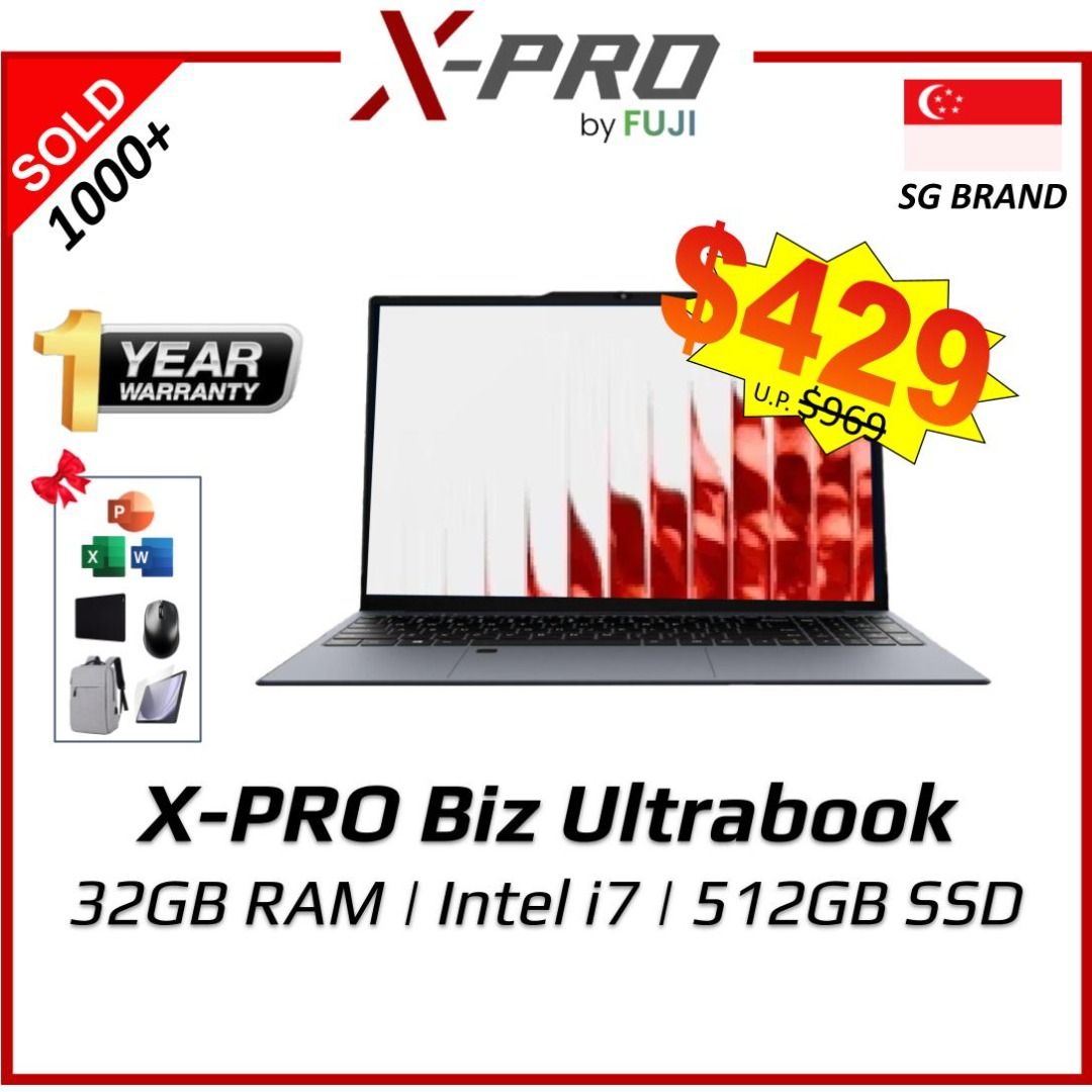 Brand New XPRO Biz Intel i7 - 15.6 Inch - 32GB RAM - Up to 512 GB SSD - Free MS Office - Windows 11-Hyper-detailed display - Visually striking (Category: Laptops & Notebooks) located in Singapore. Submitted by buyatfuji (Listing ID 1379242543, Image 1). Description: "🚀 𝐗-𝐏𝐫𝐨 𝐁𝐢𝐳 𝐔𝐥𝐭𝐫𝐚𝐛𝐨𝐨𝐤 - 15.6 Inch - Full HD IPS Display - Intel® Core™ i7 Processor - Fast ! No Lag ! - 8GB / 16GB / 32GB RAM (DDR4) - 256GB / 512GB SSD (M.2) - 2x U