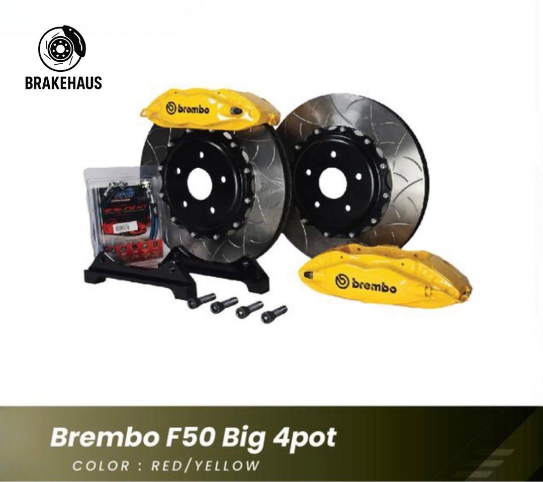 BREMBO F50 BIG 4 POT BRAKE KIT 330MM/335MM/355MM ROTORS (Category: Accessories) located in Singapore. Submitted by brakehaus (Listing ID 1379213330, Image 3). Description: Brembo F50 Big 4-Pot Brake Kit (330mm / 335mm / 355mm Rotors) | Brake Haus The Brembo F50 Big 4-Pot Brake Kit is a fan-favorite for both its aesthetics and performance. Featuring iconic red or yellow calipers and available with multiple rotor sizes, this setup delivers responsi
