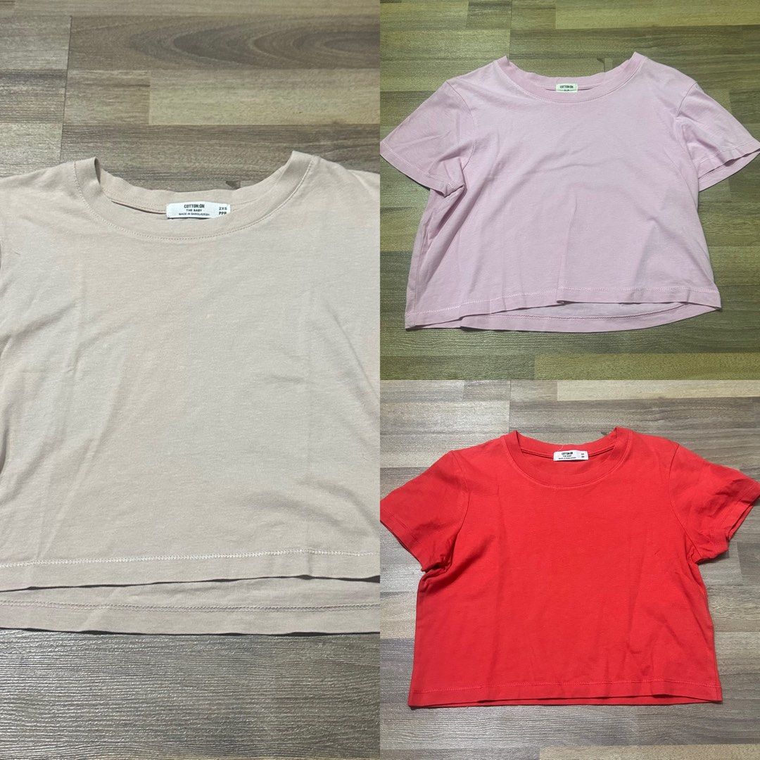 BUNDLE Cotton On Baby Tee Crop Top - Pink, Red, Beige (Category: Shirts) located in Singapore. Submitted by endingscene (Listing ID 1379324255, Image 1). Description: Free size, fits XXS-L How to deal: 💗 Self collect at Sengkang East 💗 Normal mail by Singpost +$1 💗 Tracked mail by Singpost +$3 💗 Doorstep delivery +$5 Bundle of three Cotton On crop tops. Includes a pink, red, and beige top. All are in good condition. Perfect for casual wear. S