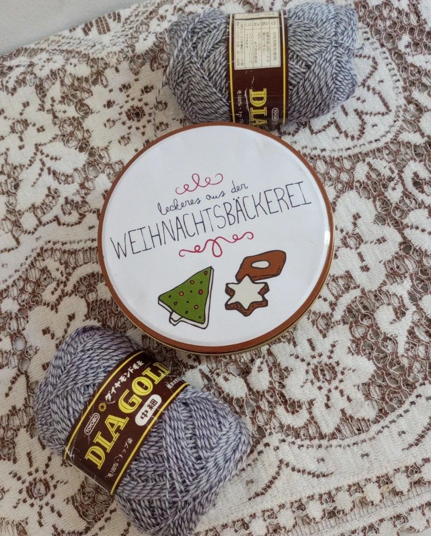 Bundle Yarn + Tin Storage Can (Category: Craft Supplies & Tools) located in Balanga. Submitted by marae_c (Listing ID 1379158896, Image 1). Description: Bnew yarns from japan with tin cookie can. Has dents sa cover and sign of use. Still very uesable. Kasya sa loob ng lagayan yung yarns. ☺️.