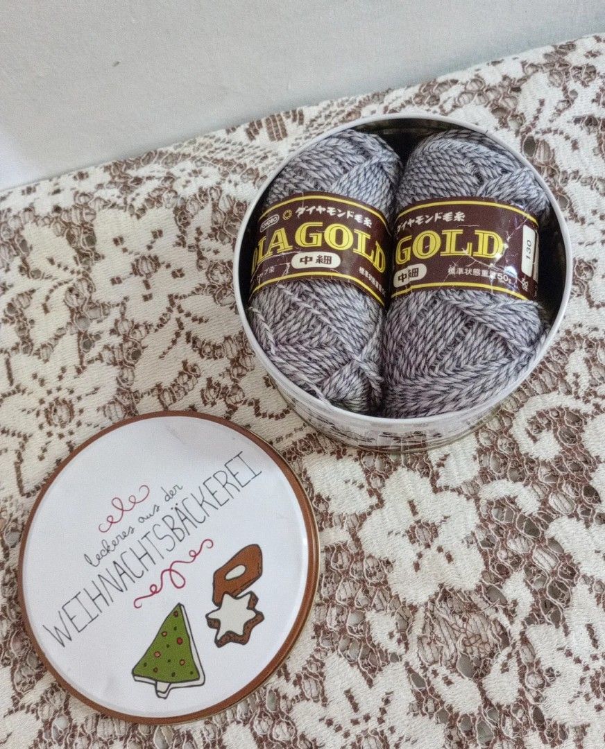 Bundle Yarn + Tin Storage Can (Category: Craft Supplies & Tools) located in Balanga. Submitted by marae_c (Listing ID 1379158896, Image 2). Description: Bnew yarns from japan with tin cookie can. Has dents sa cover and sign of use. Still very uesable. Kasya sa loob ng lagayan yung yarns. ☺️.