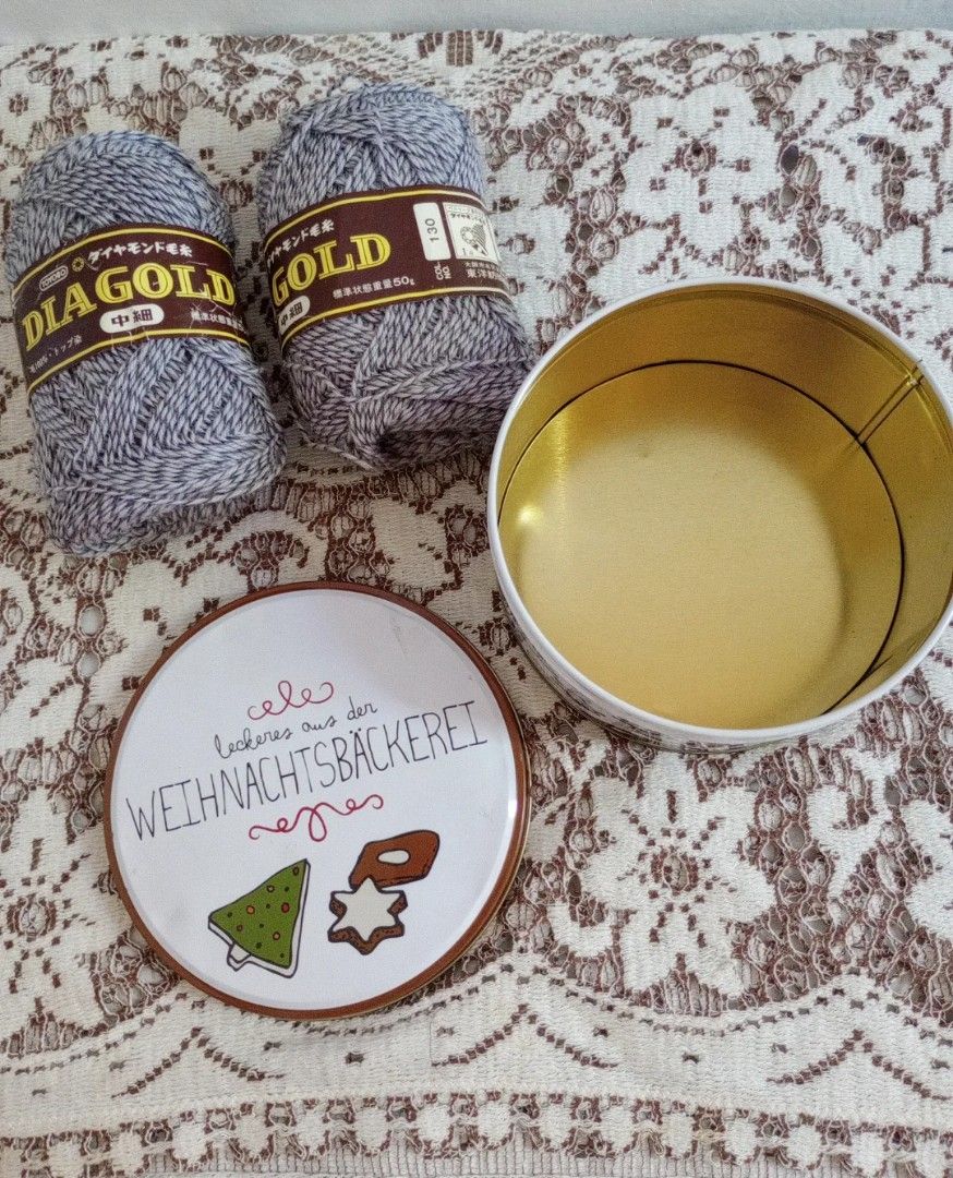 Bundle Yarn + Tin Storage Can (Category: Craft Supplies & Tools) located in Balanga. Submitted by marae_c (Listing ID 1379158896, Image 3). Description: Bnew yarns from japan with tin cookie can. Has dents sa cover and sign of use. Still very uesable. Kasya sa loob ng lagayan yung yarns. ☺️.