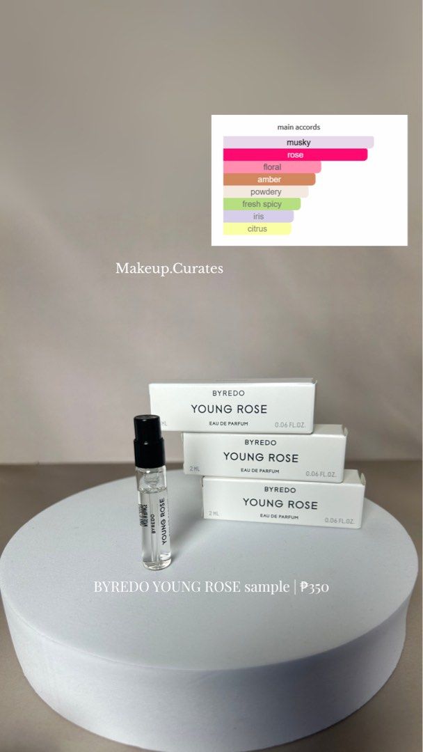 Byredo Young Rose 2ml (Category: Fragrance & Deodorants) located in Manila. Submitted by makeupcurates (Listing ID 1379157334, Image 1). Description: Byredo Young Rose Sample size 2ml Rare find Guaranteed Authentic Lowest price already Available on hand and ready to ship .