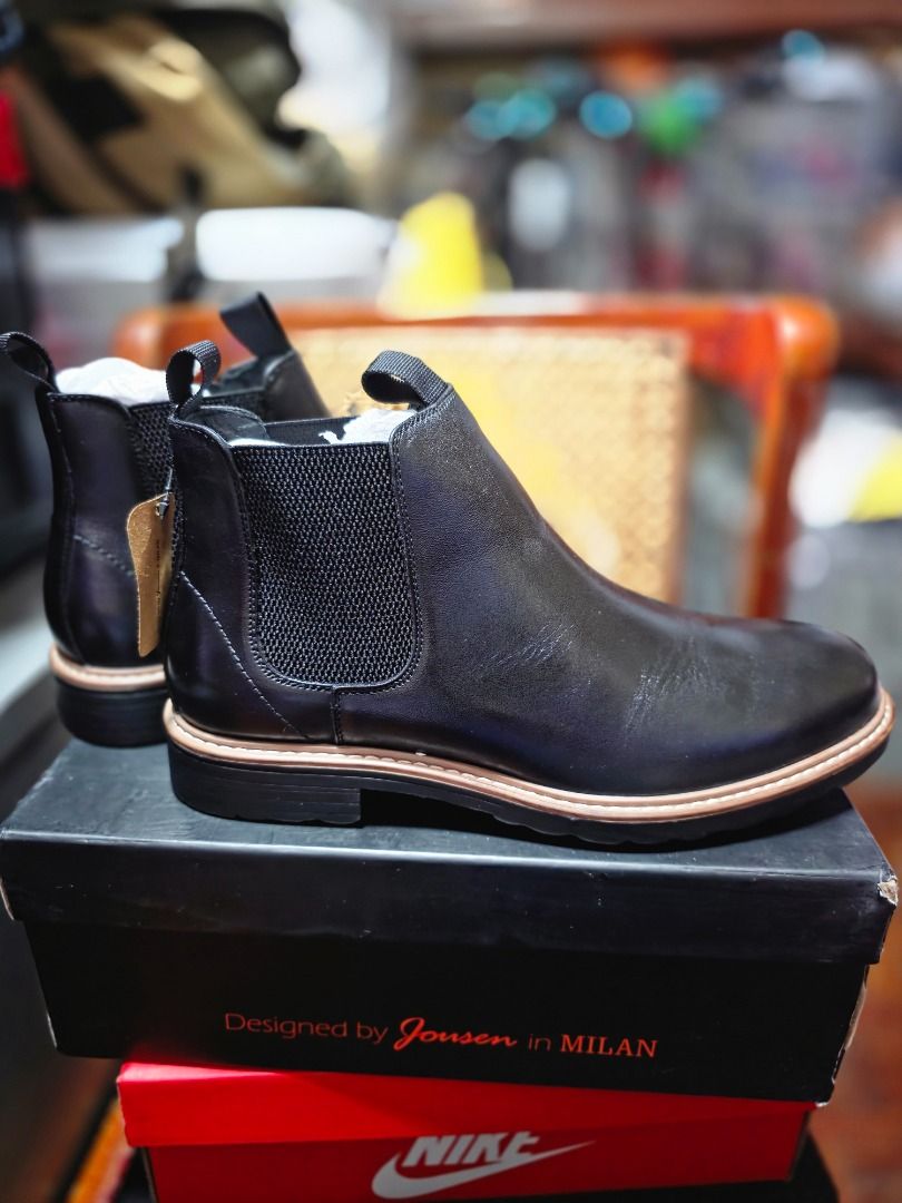 Chelsea Boots (Category: Boots) located in Makati City. Submitted by lj--- (Listing ID 1379222628, Image 3). Description: Jousen Black Leather Chelsea Boots Size 9.5 (Big for a 9.5, refer to pic with measurements) Brand New RFS: Not my size.