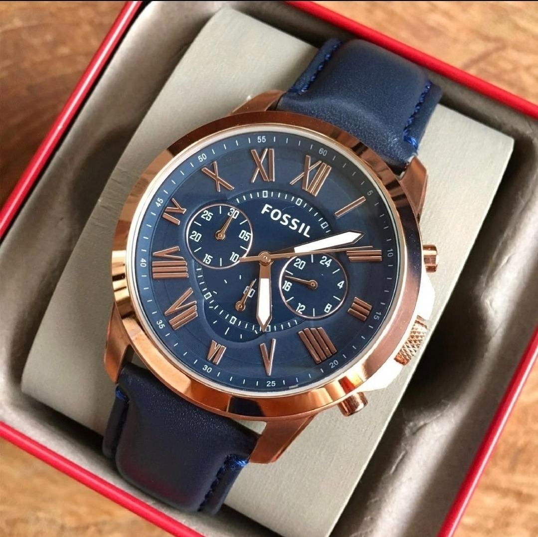 Fossil FS4835 Grant Chronograph Watch Blue Dial Rose Gold Stainless ...