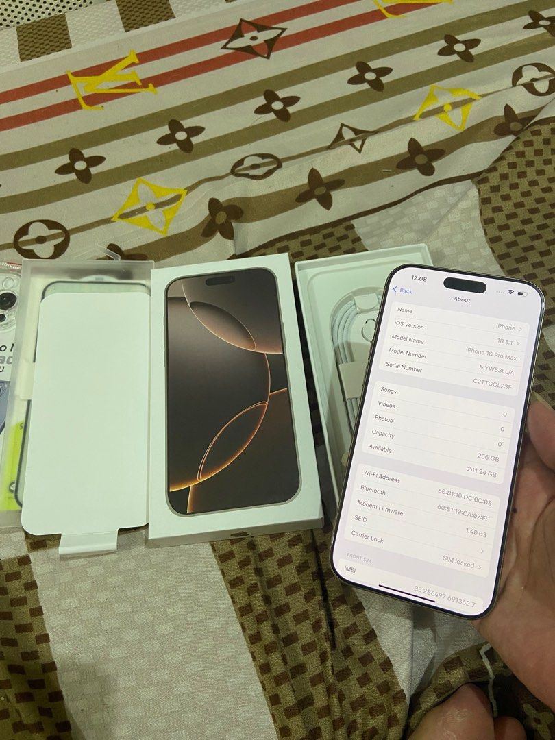 iPhone 16promax 256gb Desert Titanium (Category: iPhone 16 Series) located in Quezon City. Submitted by frtzann15 (Listing ID 1379240769, Image 3). Description: iPhone 16promax 256gb Desert Titanium All Sim Working Face ID and Truetone Working 100% Battery Health 10 CC US Variant LL/A Replacement Box but with Same IMEI Printed with Cord 58,000 FIXED PRICE.