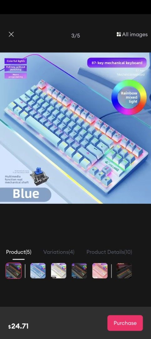 K2 87-Key Rainbow Backlit Mechanical Keyboard63221279597955112