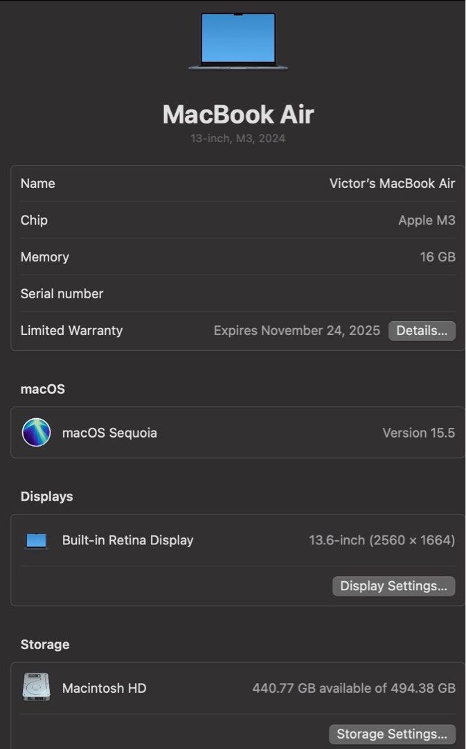 MacBook Air M3 (Category: Laptops & Notebooks) located in Singapore. Submitted by chiabangz (Listing ID 1372191616, Image 1). Description: Used for overseas trip. Selling as not used to MacBook Case, keyboard protector and screen protector pasted. .