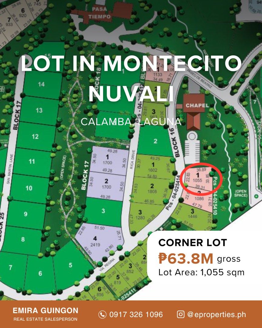 Montecito, Nuvali Lot for Sale (Category: Lot) located in Pasig City. Submitted by propertiesbyemira (Listing ID 1379180929, Image 1). Description: LOT FOR SALE 📍 Montecito, Nuvali, Laguna Lot Area: 1,055 sqm Beside Montecito Chapel Price: ₱60.5k per sqm or ₱63.8M gross For more details, please contact: Emira Guingon 📞 09173261096 📧 emira@wealthproperties.ph.