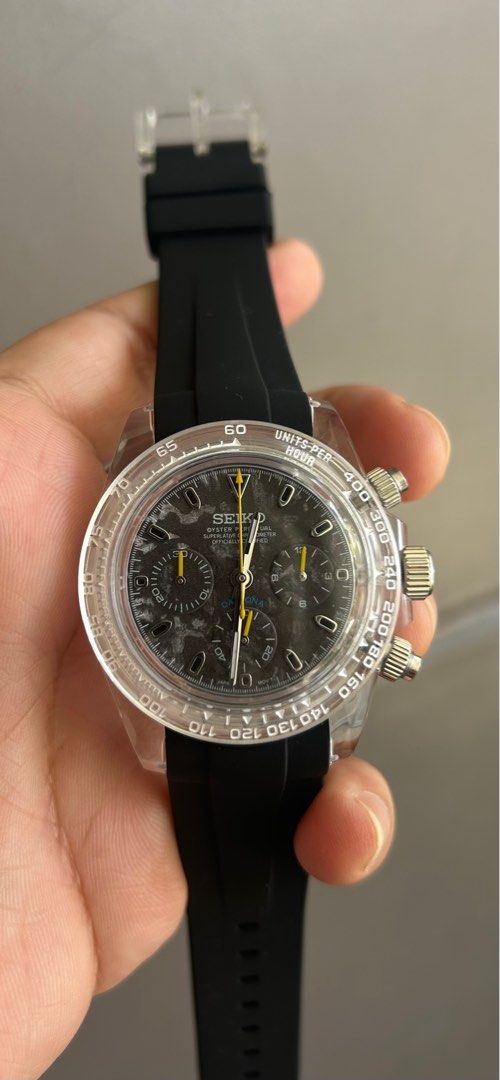 Seiko Mod - Moonswatch alternative (Category: Men's Watches) located in Las Pinas. Submitted by bbmono (Listing ID 1379220450, Image 1). Description: Seiko Mod Panda Transparent Moonswatch alternative Vk63 seiko movement Rubber bracelet Brand new Still with plastic Las Piñas area Sale or swap.
