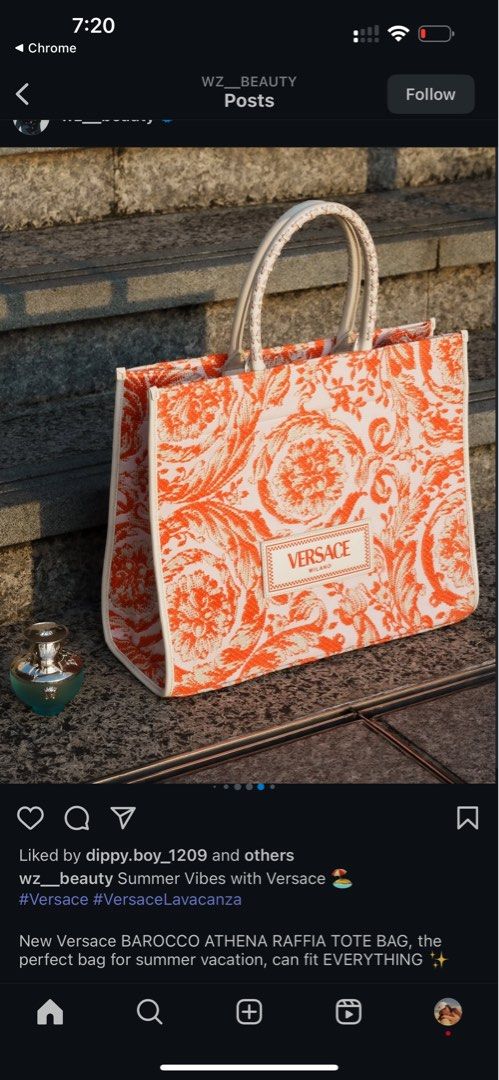 Versace Large Tote Bag Rafia Barocco (Category: Luxury Bags & Wallets) located in Quezon City. Submitted by stealfinds_mnl (Listing ID 1379250039, Image 1). Description: With tags, cards and dustbag. Not dior not lv not hermes.