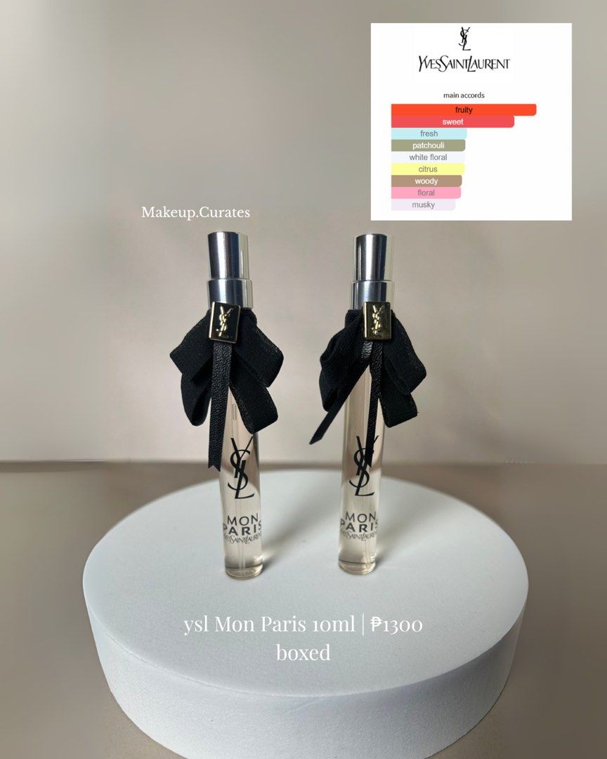 YSL Mon Paris (Category: Fragrance & Deodorants) located in Manila. Submitted by makeupcurates (Listing ID 1379260637, Image 1). Description: YSL Mon Paris 10ml Travel Size Guaranteed Authentic Lowest price already Available on hand and ready to ship .