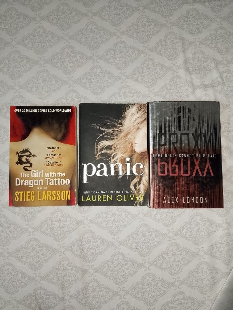 AUTHENTIC BOOKS (PHP 100 EACH) (Category: Storybooks) located in San Carlos. Submitted by cometsans (Listing ID 1379446616, Image 1). Description: 💰Php 100 each (Pre-loved copies) 📕THE GIRL WITH A DRAGON TATTOO 📕PANIC 📕PROXY Transaction details: - Gcash only (no COD or orange app checkout) - Shipping is shouldered by buyer - Shipping from Pangasinan.
