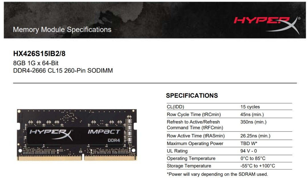 DDR4 8GB 2666MHz HyperX RAM63220269630722111